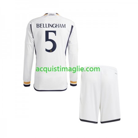 Divisa di Calcio Real Madrid Jude Bellingham 5 Bambino Prima 2023/2024 Manica Lunga